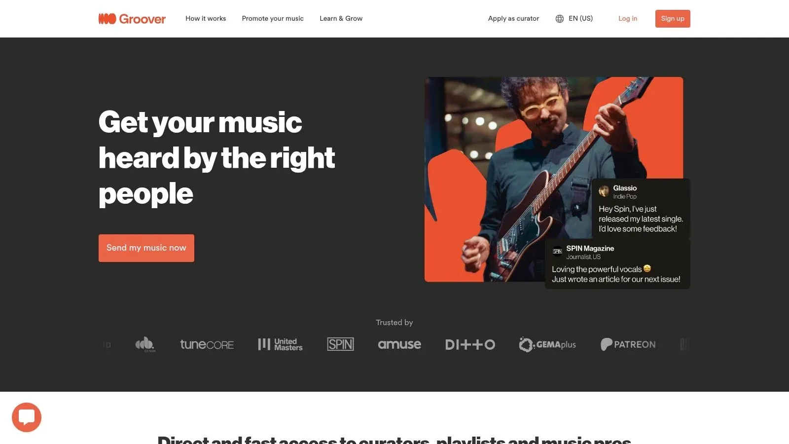 Groover’s homepage inviting artists to send music to industry professionals, alongside a guitarist and curator feedback.