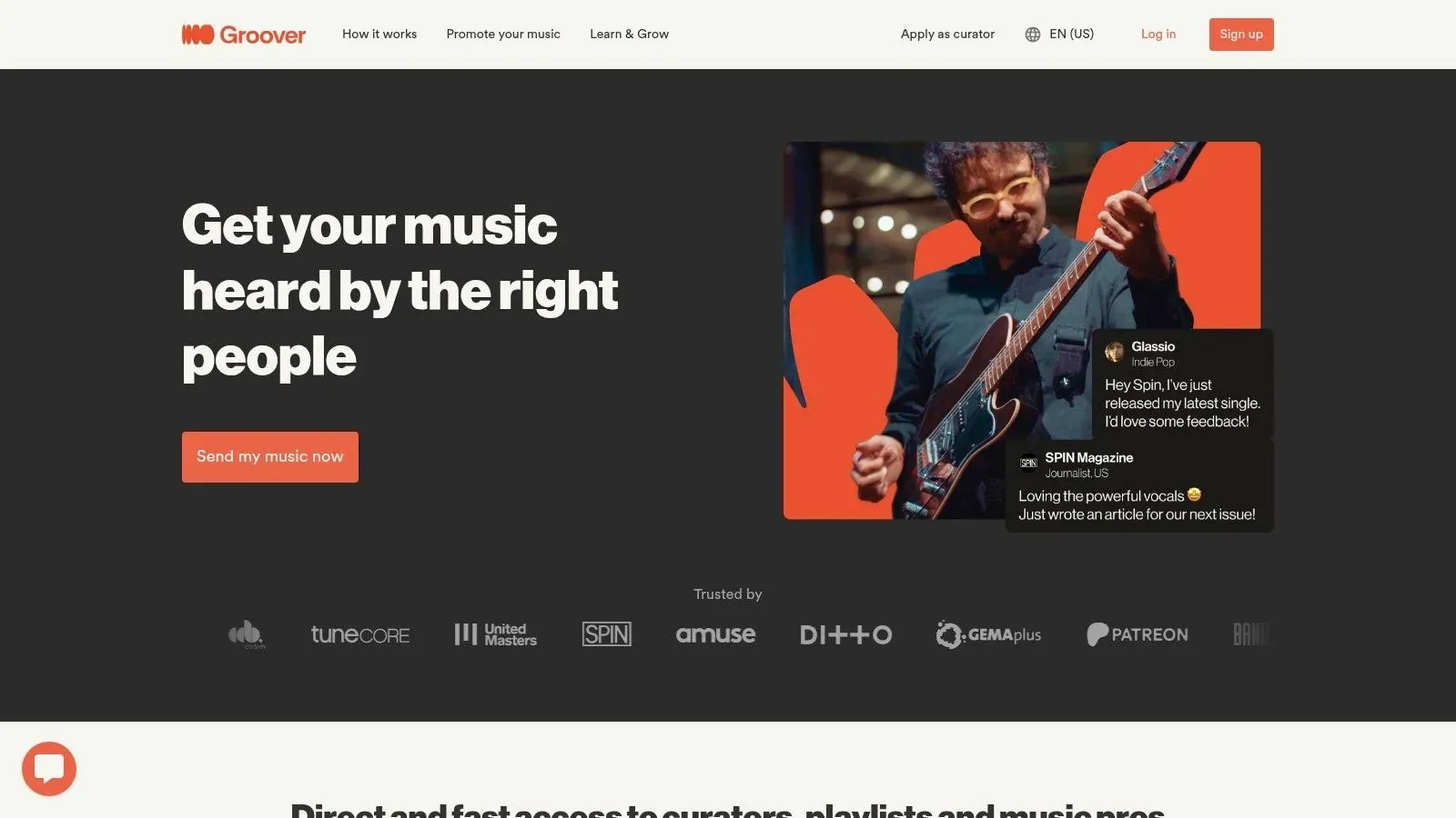 Groover’s homepage inviting artists to send music to industry professionals, alongside a guitarist and curator feedback.