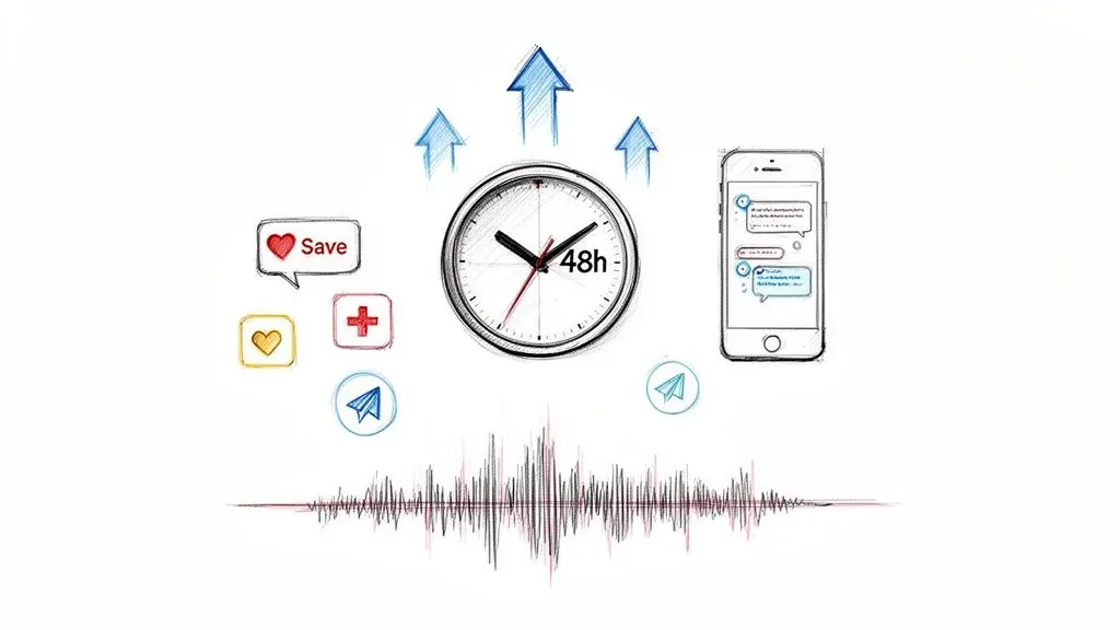Hand-drawn illustration of digital engagement, showing a 48-hour clock, messages, save icon, and upward trends.