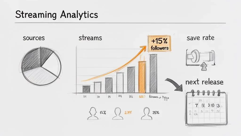 Hand-drawn infographic illustrating streaming analytics with charts for sources, follower growth, save rate, and upcoming releases.