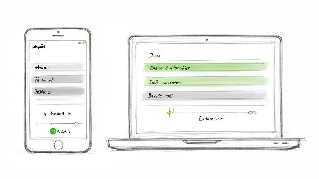 Hand-drawn sketch of a smartphone and laptop displaying music playlist interfaces with song lists and enhancement features.