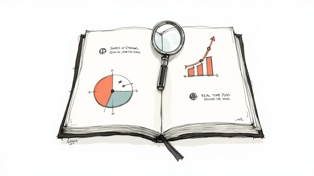 Hand-drawn sketch of an open notebook with data charts, a magnifying glass, and text on tracking insights.