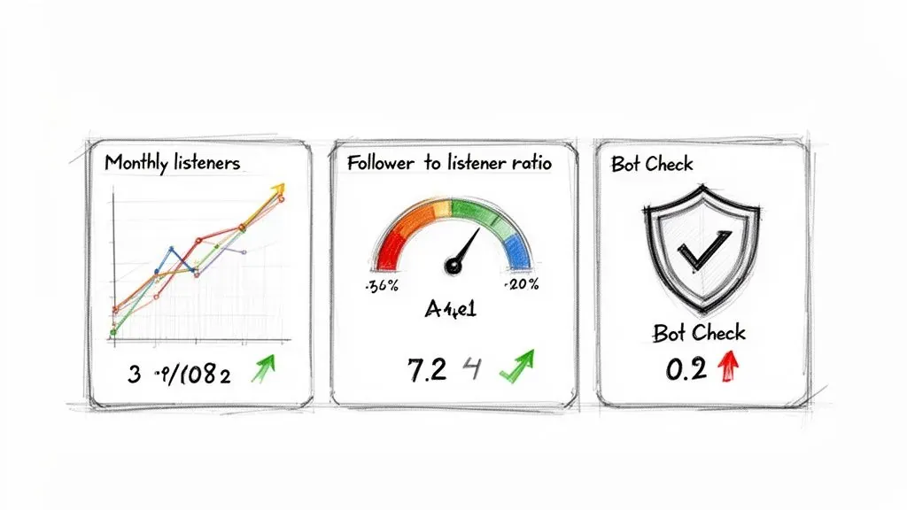 Hand-drawn style analytics dashboard with cards for monthly listeners, follower ratio, and bot check.