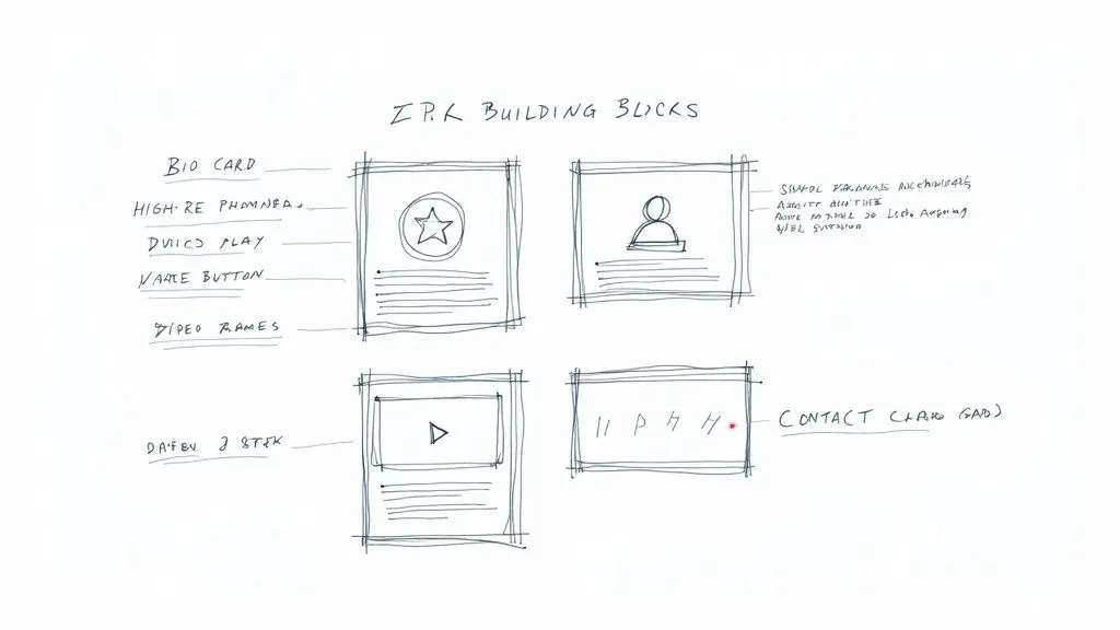 Hand-drawn wireframe sketch showing four EPK building blocks including bio card, videos, contact information