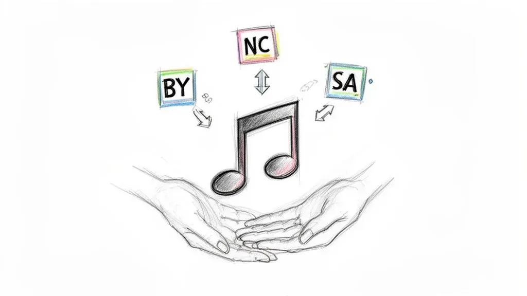 Hands gently hold a musical note, surrounded by 'BY', 'NC', 'SA' licensing terms.