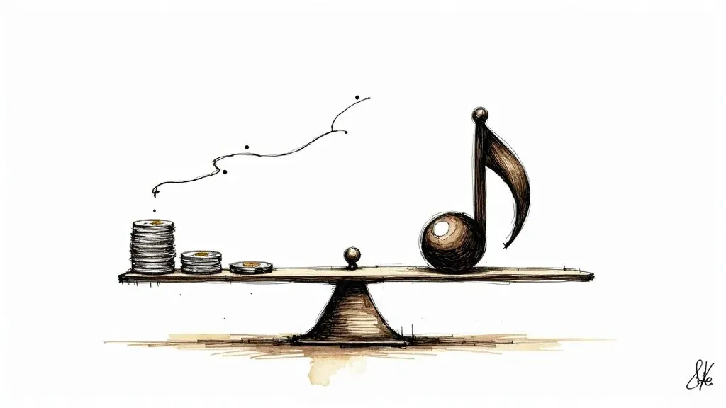 Musical note balanced against stacks of coins, illustrating the relationship between music and earnings.