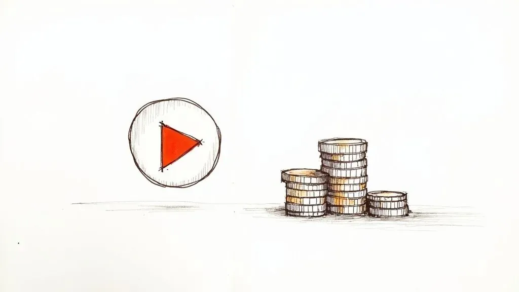 Play button beside stacks of coins, illustrating income generated by music streams.