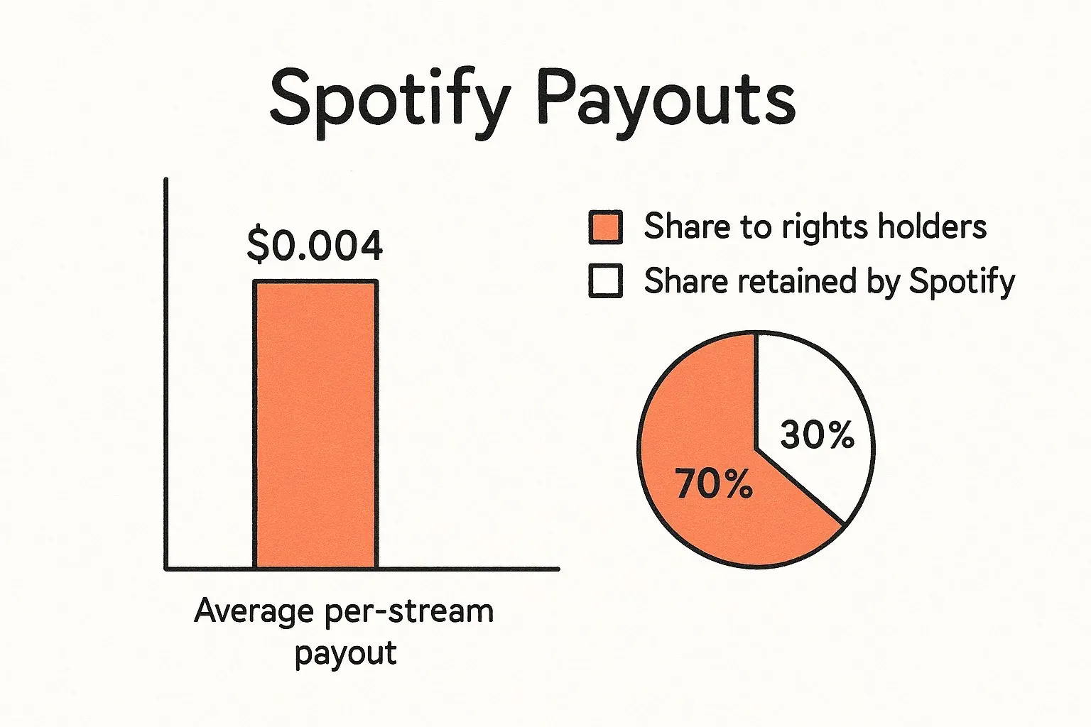 Spotify payout chart showing $0.004 per stream and a 70/30 split between rights holders and Spotify.