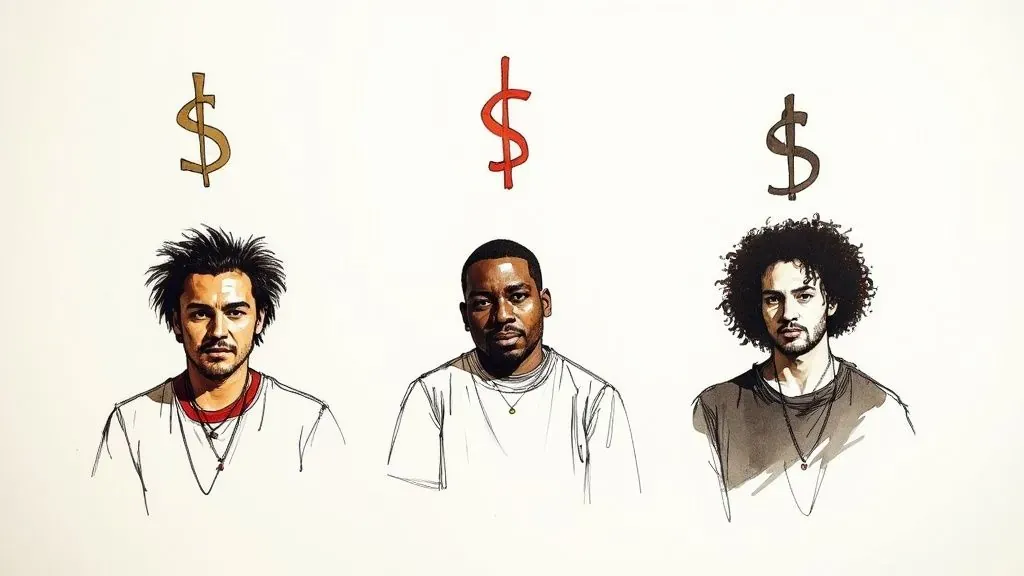 Three illustrated musicians with dollar signs above them, representing differences in artist earnings.