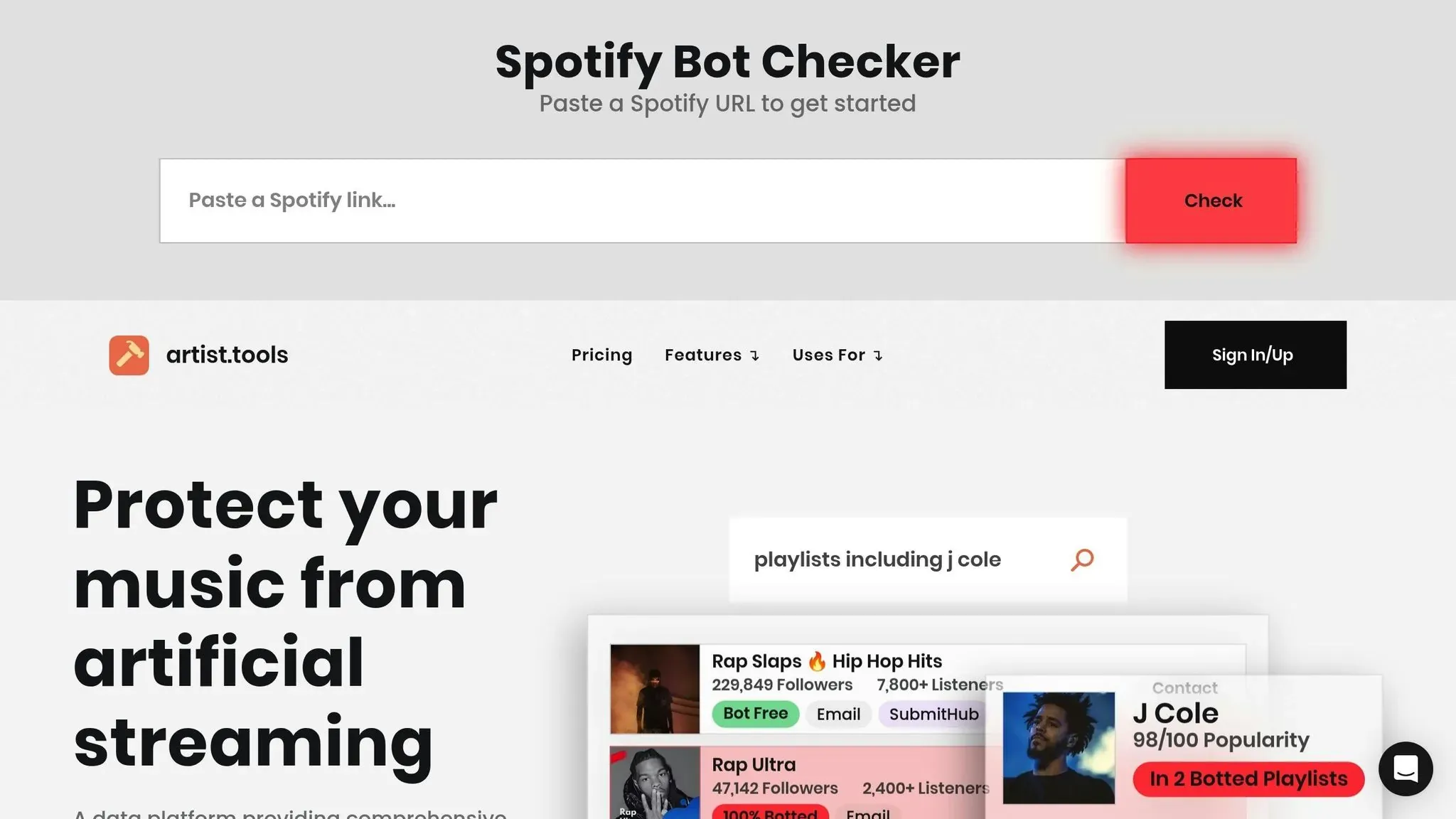 artist.tools homepage and Spotify Bot Checker highlighting artificial streaming detection for playlist analysis.