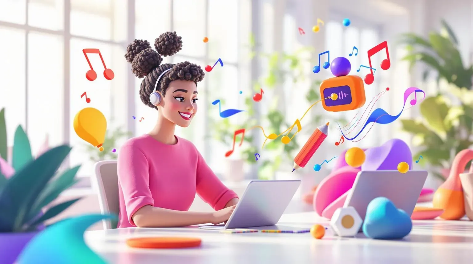 Illustrated musician using a laptop surrounded by music notes, representing online curator outreach.