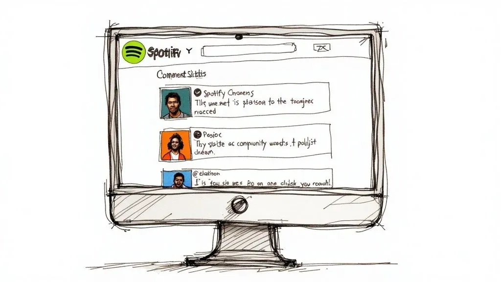 Sketched Spotify community discussion page illustrating how online conversations can help identify playlist curators.