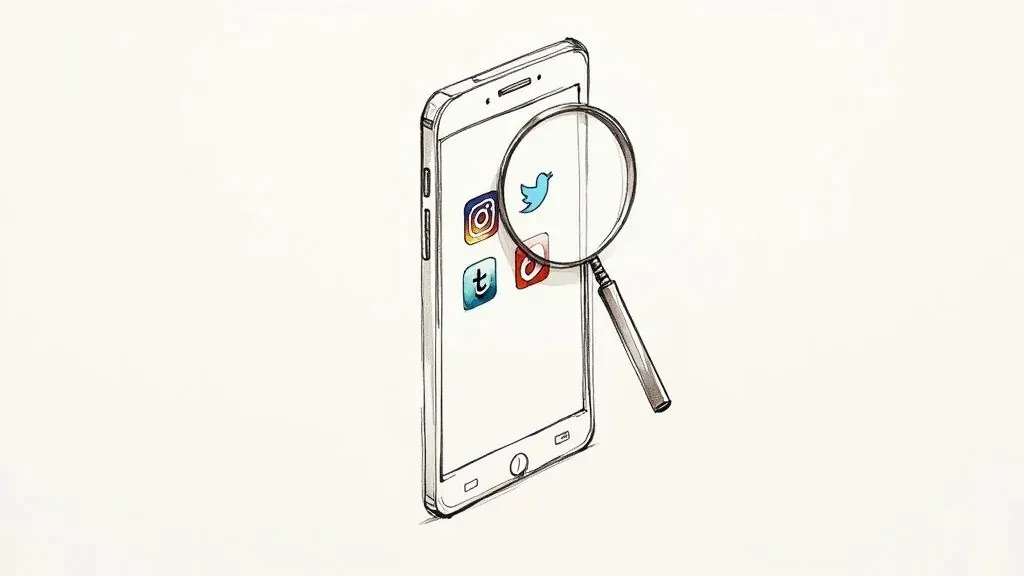 Magnifying glass over social media apps on a phone, illustrating searching for playlist curators.