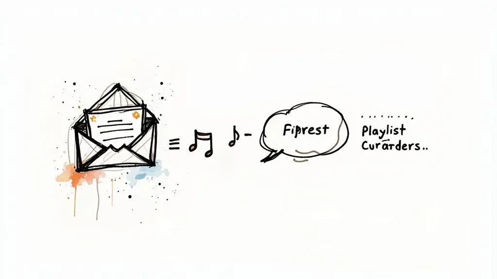 Envelope, musical notes, and a speech bubble illustrating a music pitch sent to playlist curators.