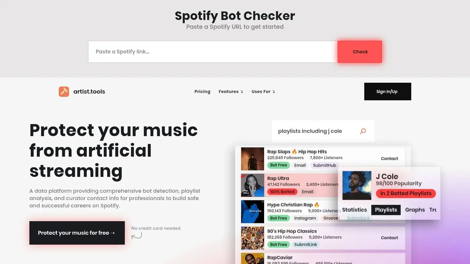 artist.tools homepage featuring its Spotify Bot Checker and artificial streaming protection tools.