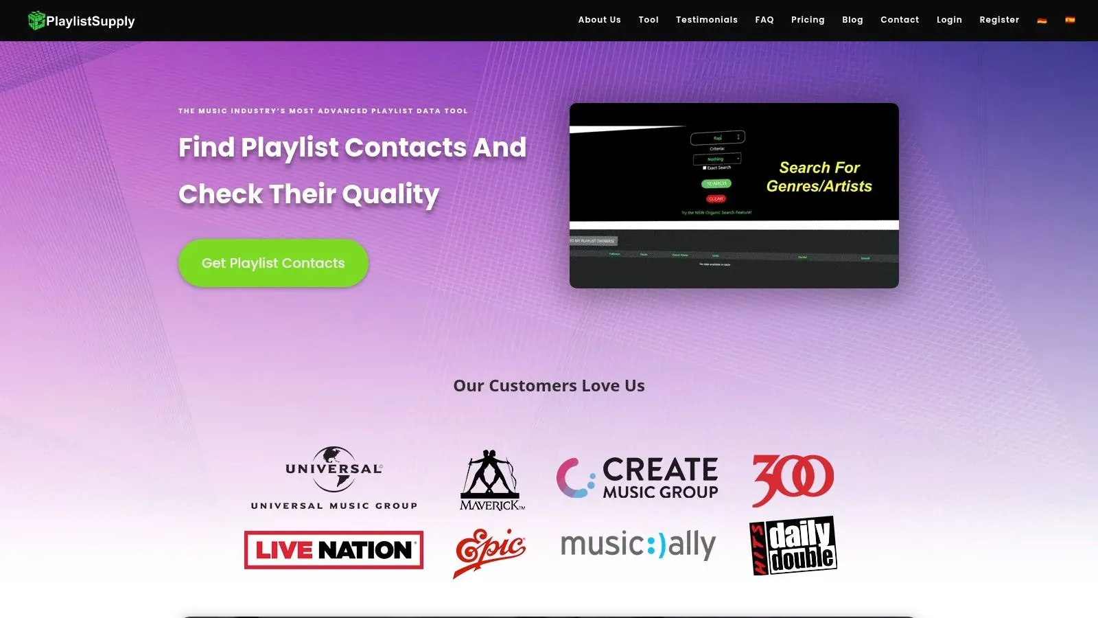 PlaylistSupply homepage offering playlist contact searches and quality checks for music promotion.