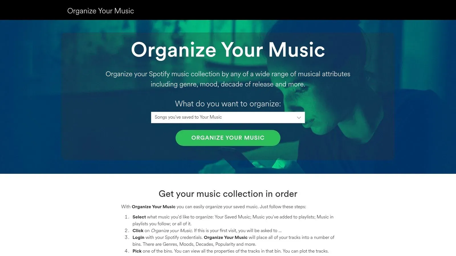 Organize Your Music homepage offering to sort a Spotify collection by genre, mood, and other attributes.