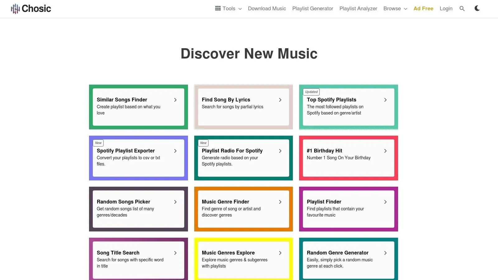 Chosic’s Discover New Music page listing song finders, playlist tools, and genre exploration features.