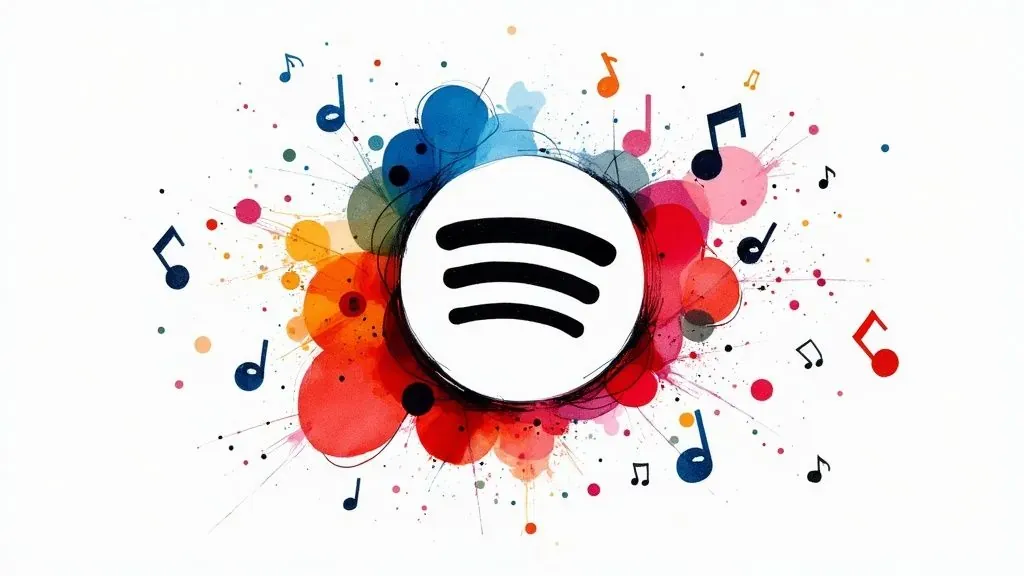 Spotify logo surrounded by colorful music notes, illustrating audience growth through music promotion.
