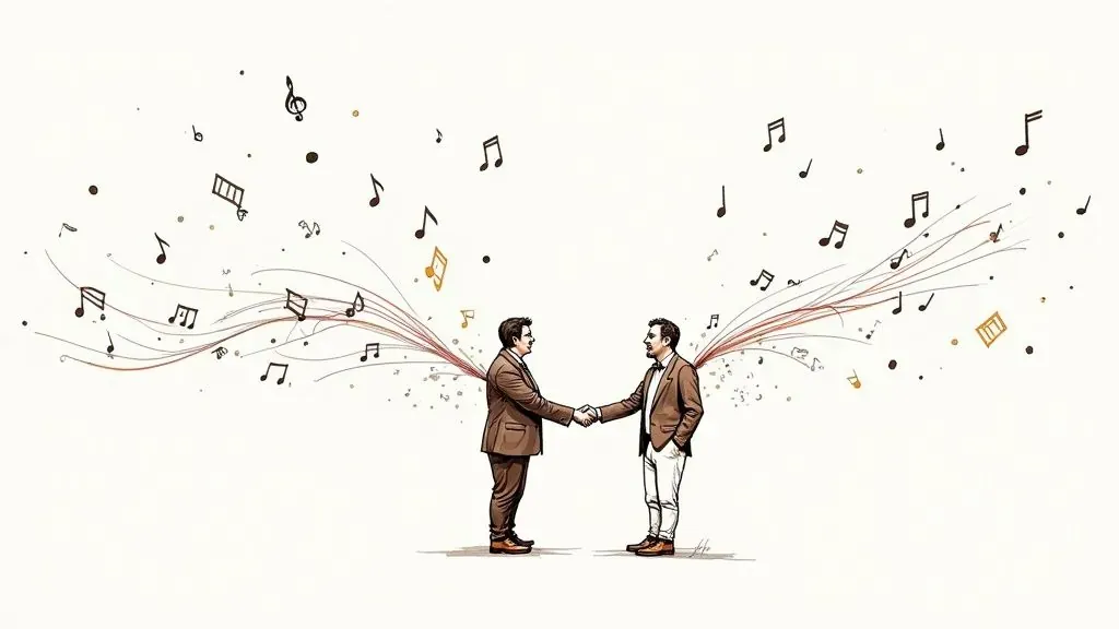 Two people shaking hands amid musical notes, illustrating collaboration to reach new music audiences.