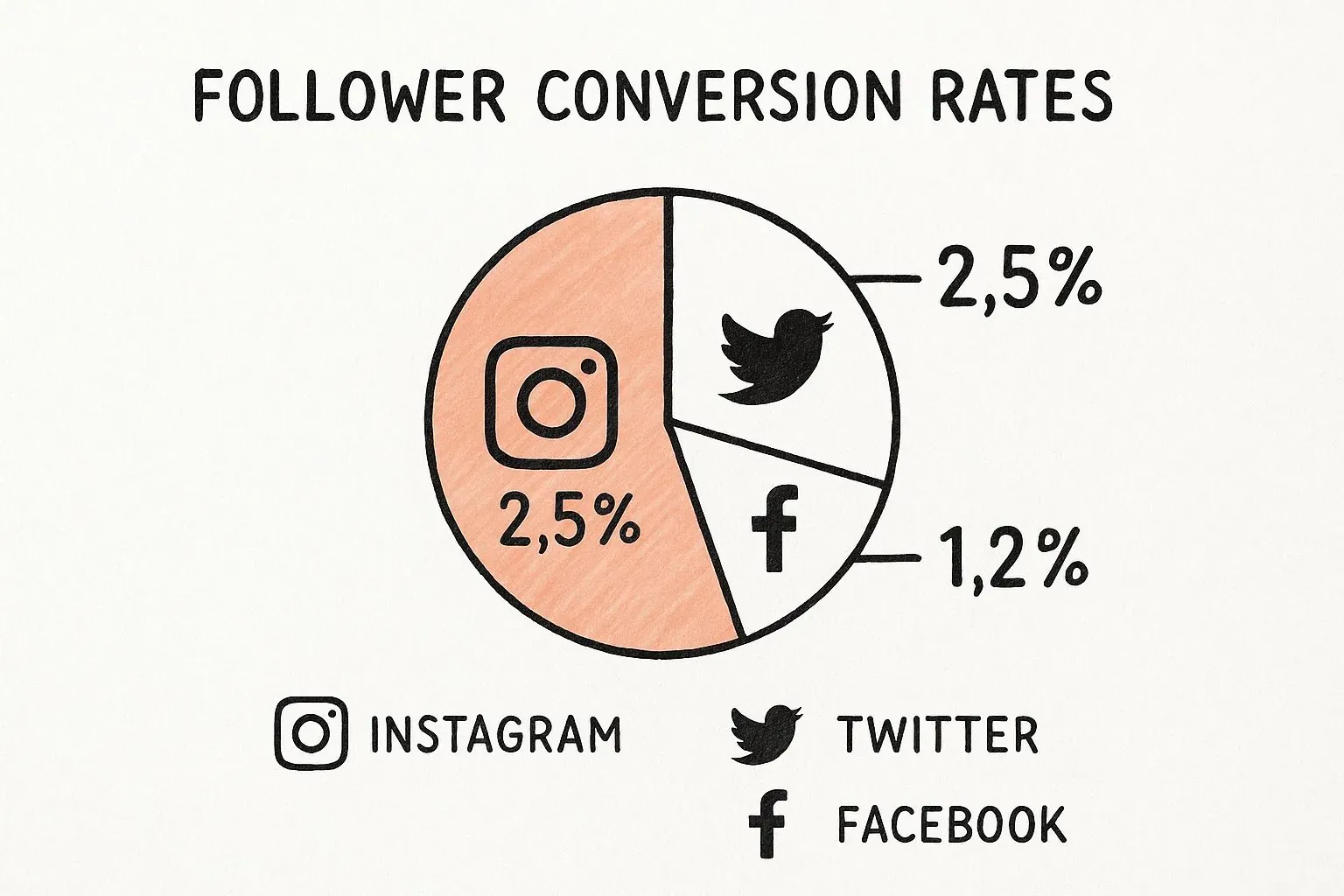 Chart displaying follower conversion rates of 2.5% for Instagram and Twitter, and 1.2% for Facebook.