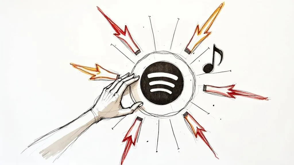 Hand reaching toward a Spotify logo surrounded by arrows, illustrating efforts to attract more streams.