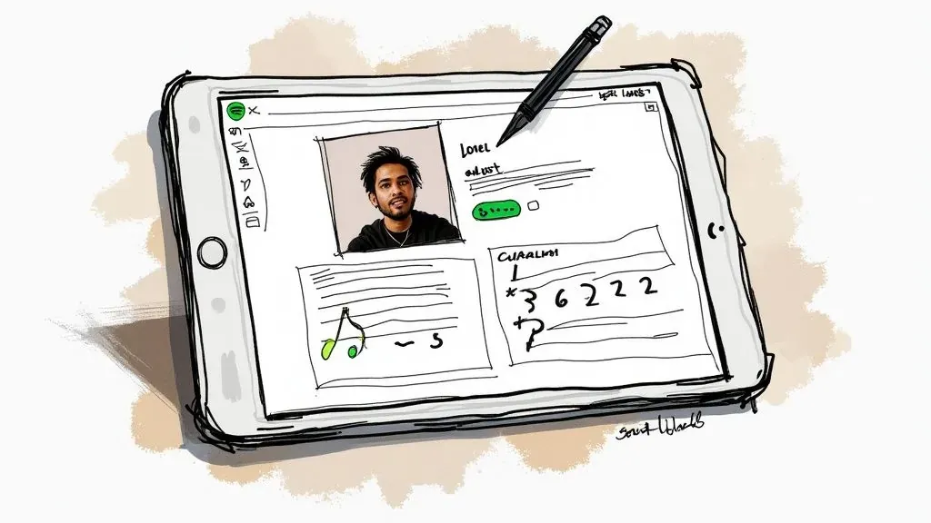 Sketched Spotify artist profile on a tablet with a portrait, stream statistics, and an editing pen.