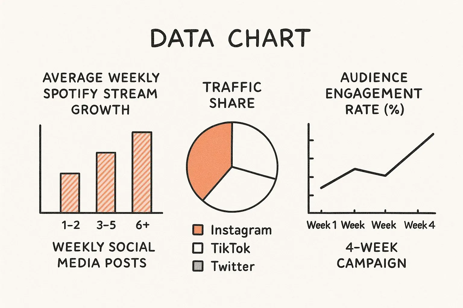 Charts comparing weekly social posting with stream growth, platform traffic shares, and engagement over four weeks.