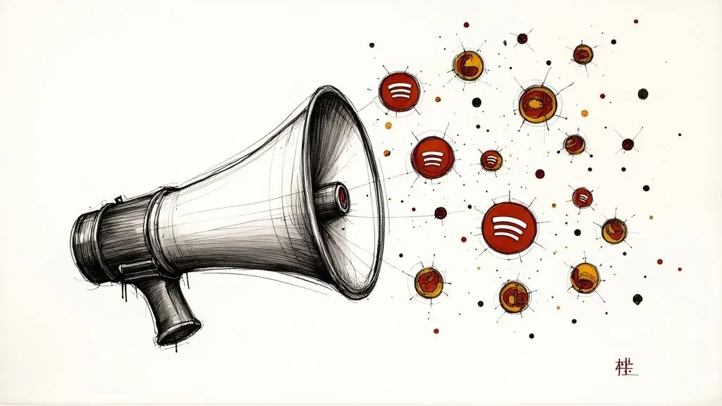 Megaphone projecting connected Spotify symbols, illustrating music promotion through a wider listener network.