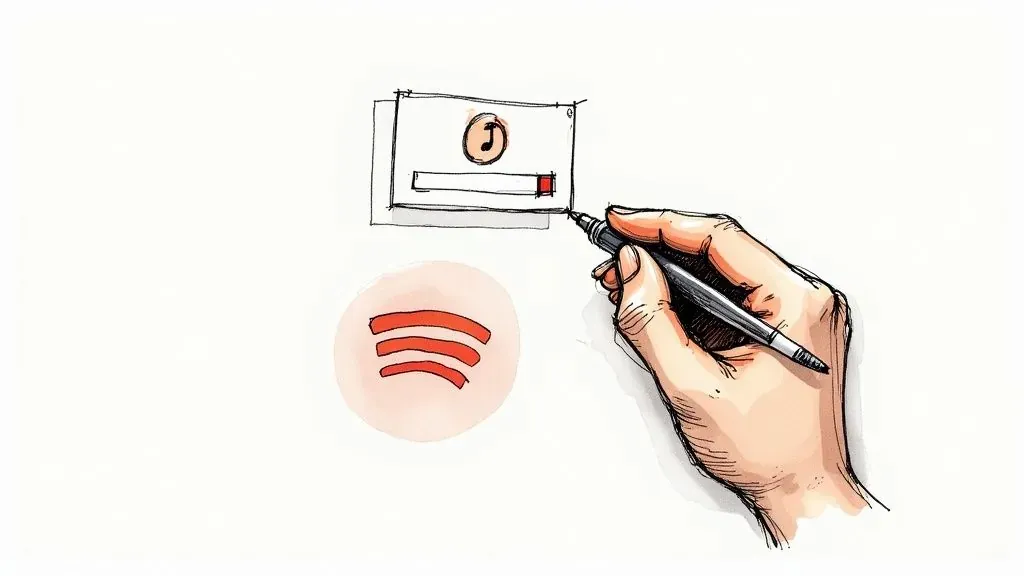 Hand drawing a music profile beside a Spotify logo, illustrating setting up an artist account.