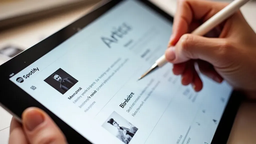 Hand using a stylus on a Spotify artist profile displayed on a tablet.