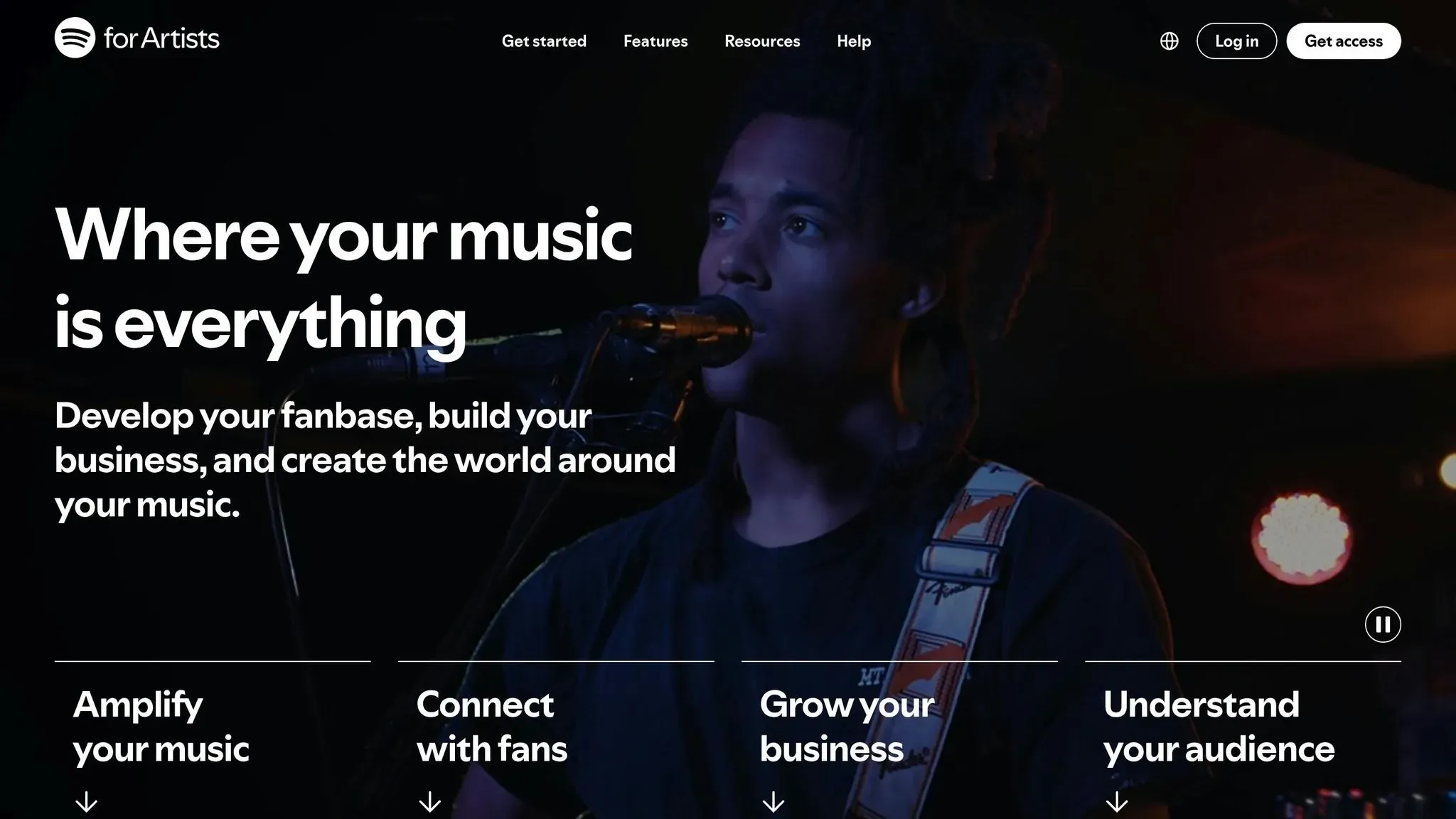Spotify for Artists homepage highlighting music promotion, fan connections, business growth, and audience insights.