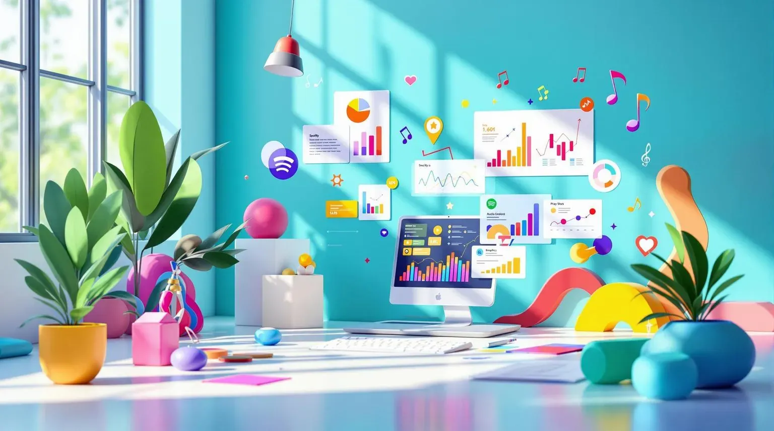 Illustrated desktop dashboard with charts, music notes, and Spotify symbols, representing streaming trend analysis.