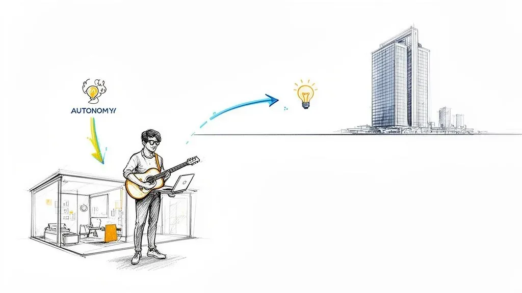Independent musician with guitar and laptop beside a home, with autonomy and idea symbols near corporate buildings.