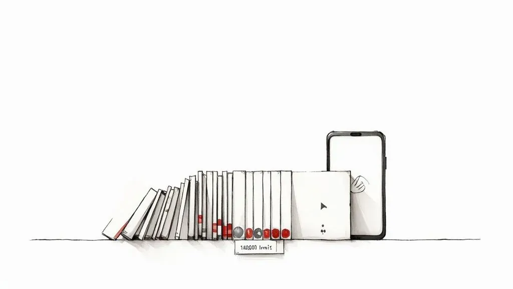 Illustration of dominoes falling towards a smartphone, representing a long playlist with 140,001 items.