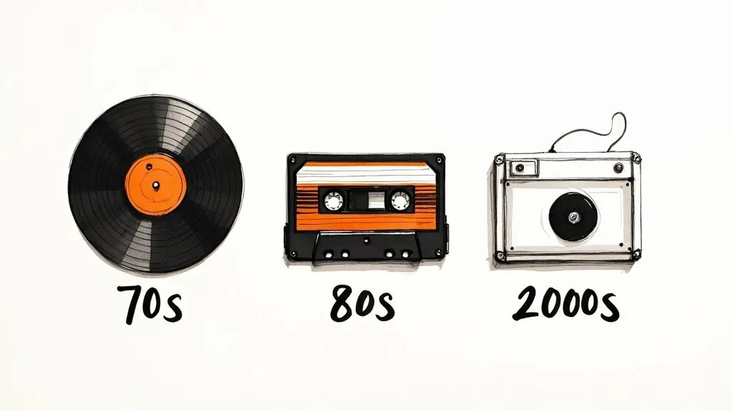 A record, cassette, and portable device labeled 70s, 80s, and 2000s illustrate decade-themed playlist names.