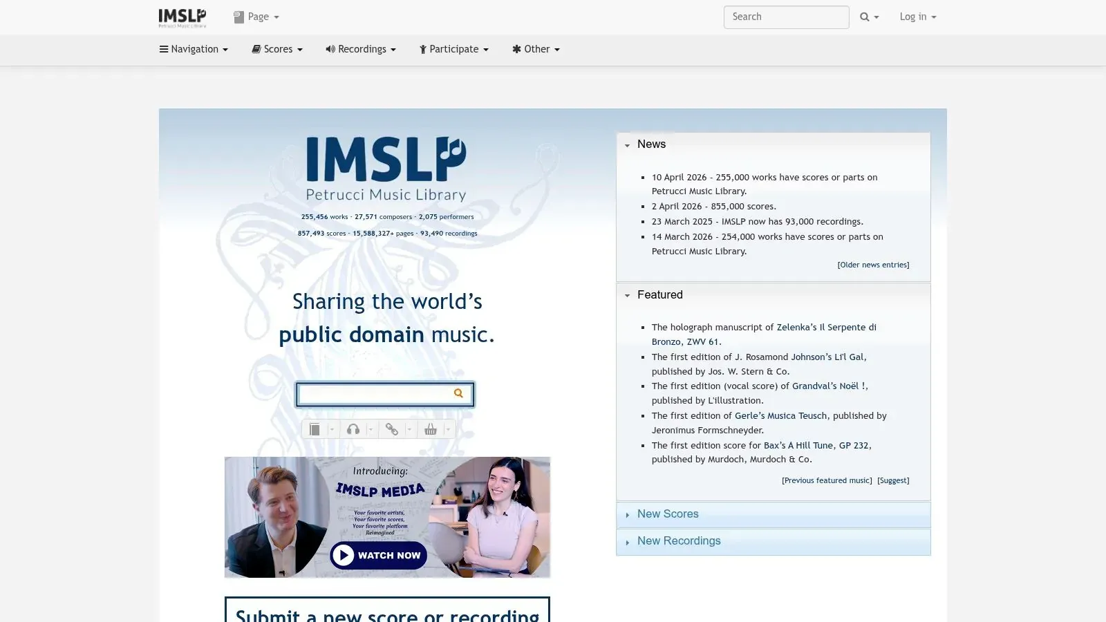 IMSLP Petrucci Music Library homepage with a search field for public domain scores and recordings.