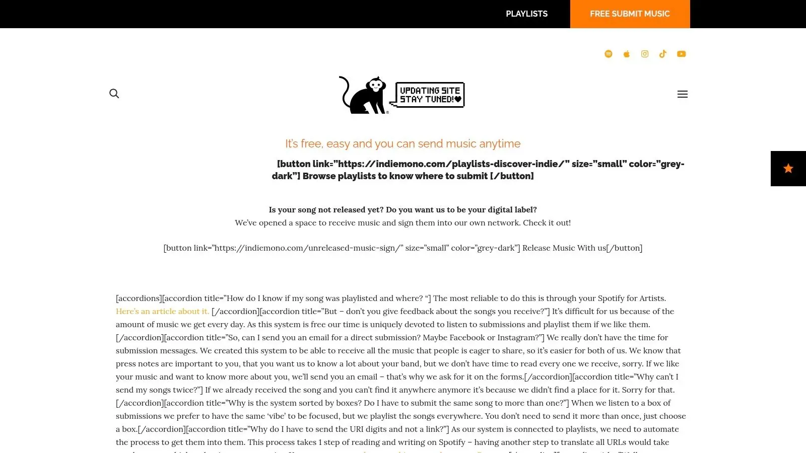 Indiemono’s free music submission page displaying a playlist browsing link and unrendered button and accordion markup.