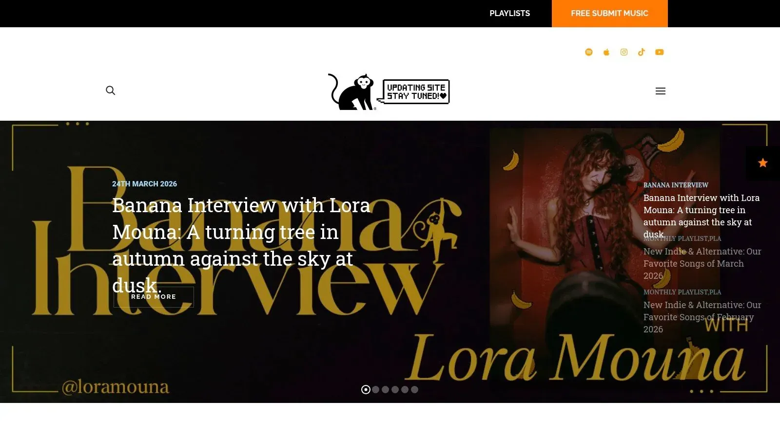 Indiemono’s homepage featuring a Lora Mouna interview and a Free Submit Music navigation link.