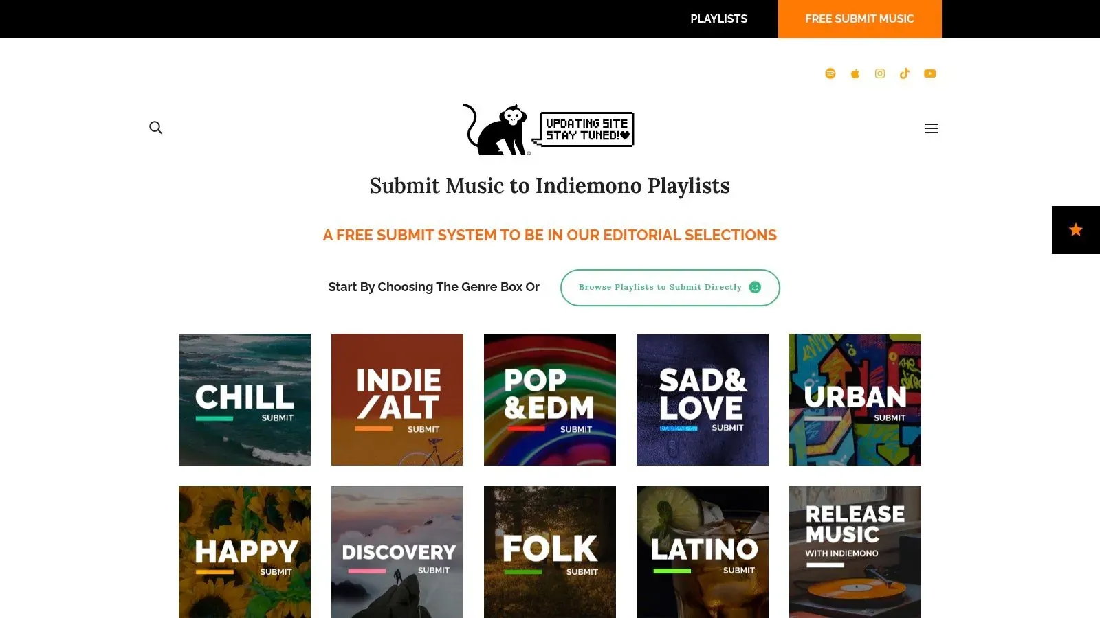 Indiemono’s free playlist submission page with genre categories including urban, indie, pop, and chill.