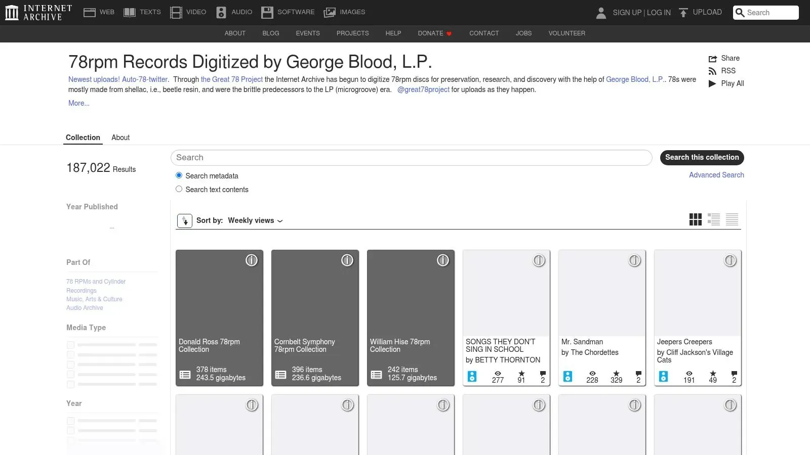 Internet Archive’s Great 78 Project collection showing digitized 78 rpm records and search filters.
