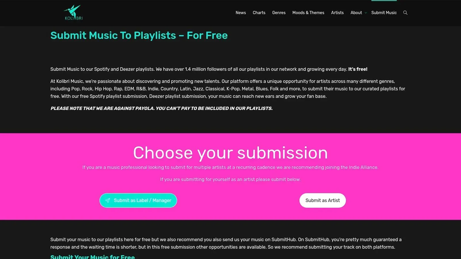 Kolibri Music’s free playlist submission page offering separate submission options for labels, managers, and artists.