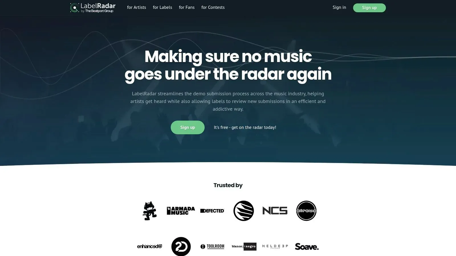 LabelRadar’s homepage promoting streamlined demo submissions for artists and labels, with industry partner logos.