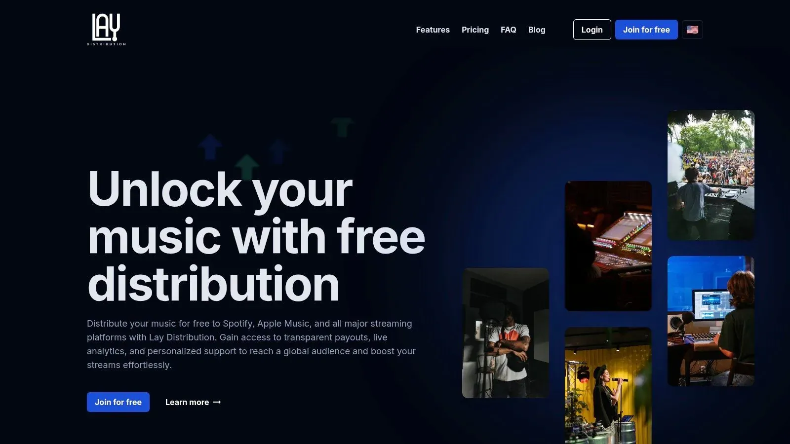 Lay Distribution homepage advertising free distribution to major streaming platforms, with artist photographs and a Join for free button.