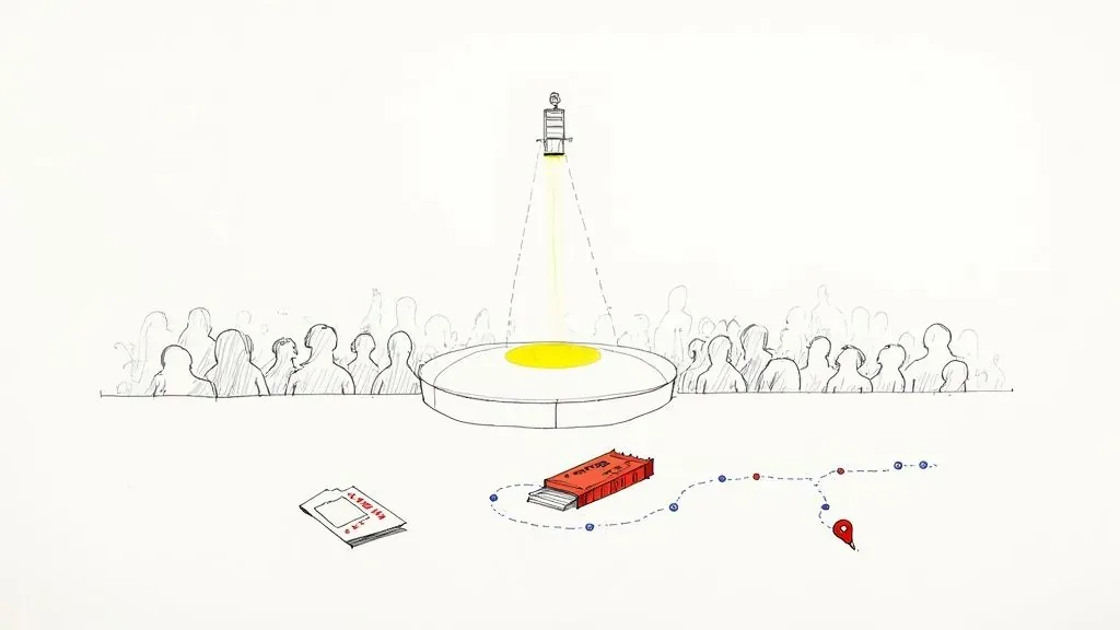 A spotlighted stage and audience above tickets and a route map representing live performance marketing