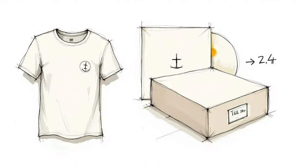 A T-shirt, record sleeve, and shipping box illustrating merchandise sold directly to music fans