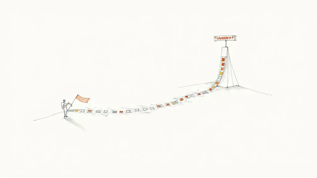 Minimalist drawing of a figure with a flag marking a path of colorful squares to a "LONGEST" sign.
