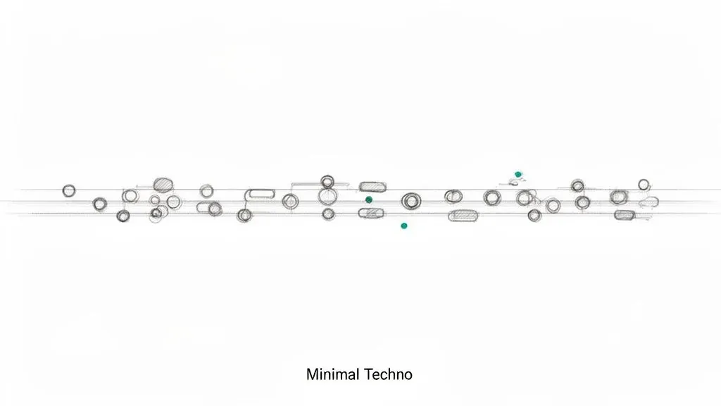 Sparse circles and short marks along horizontal lines illustrate the stripped-back patterns of Minimal Techno.