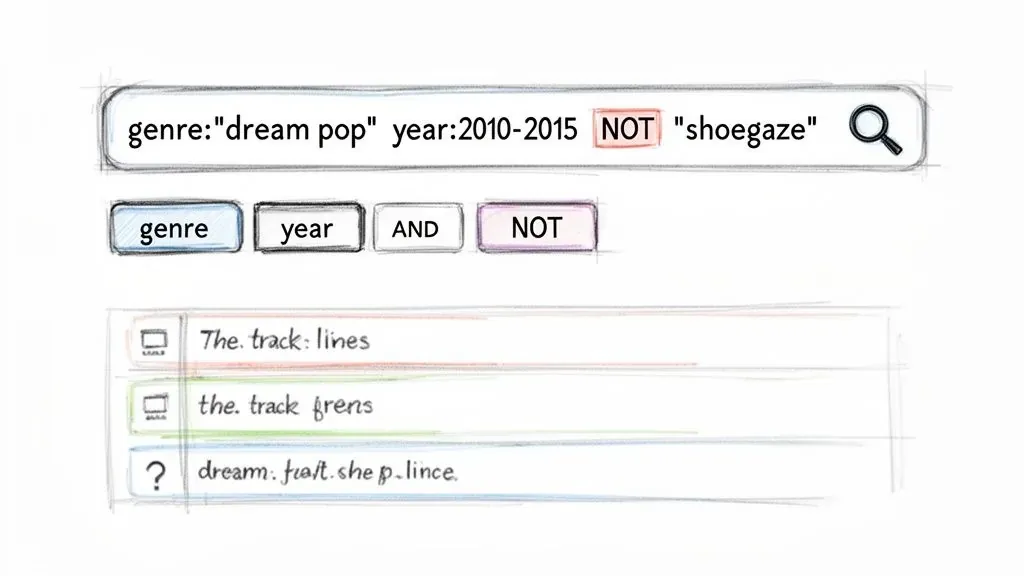Sketched music search using genre and year filters, with NOT excluding shoegaze from dream pop results.