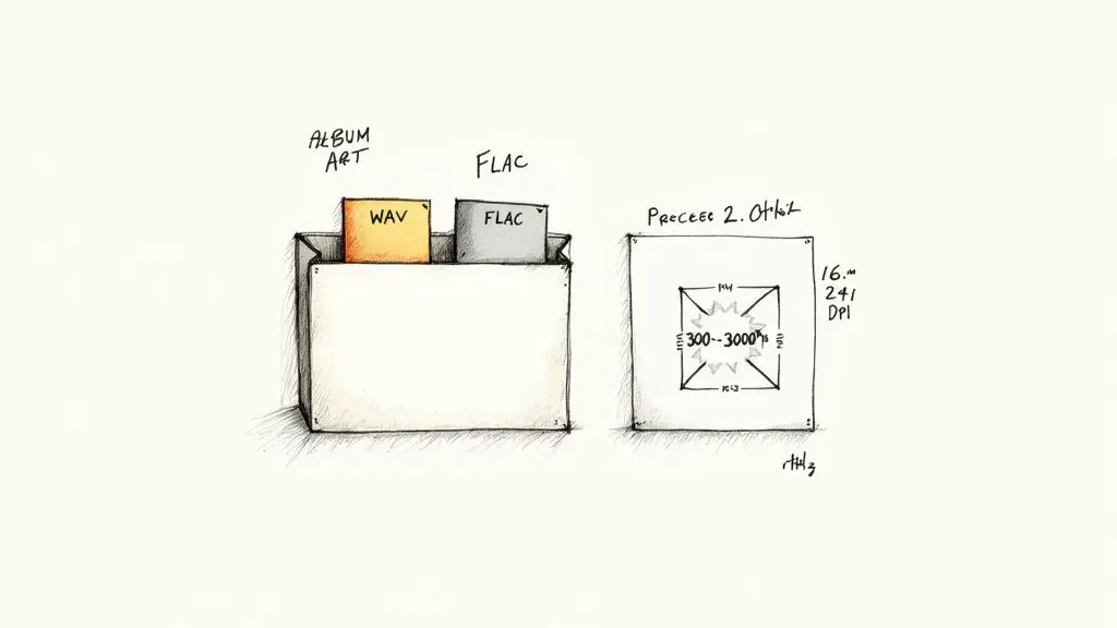 Sketch of WAV and FLAC files, album art, and artwork dimensions for preparing a Spotify release.